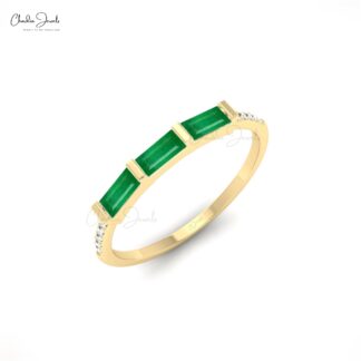 Round Diamond Baguette Cut Emerald Ring in 14k Solid Gold