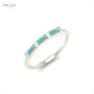 Real 14k Gold Dainty Ring With 4x2mm Baguette Opal And Diamond Stacking Ring
