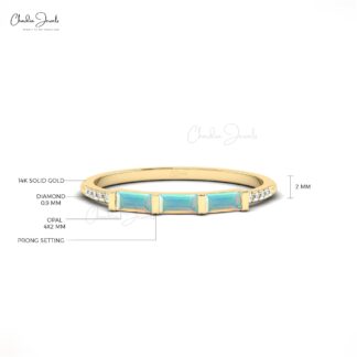Real 14k Gold Dainty Ring With 4x2mm Baguette Opal And Diamond Stacking Ring