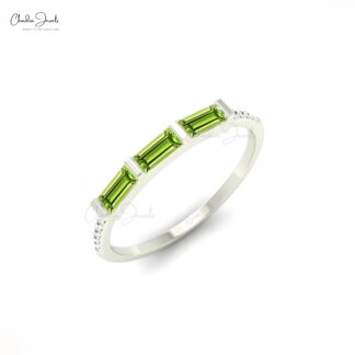 Genuine Peridot 4x2mm Baguette Gemstone And Dainty Diamond 14k Real Gold Stacking Ring