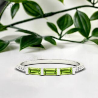 Genuine Peridot 4x2mm Baguette Gemstone And Dainty Diamond 14k Real Gold Stacking Ring
