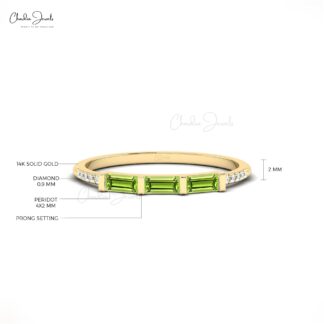Genuine Peridot 4x2mm Baguette Gemstone And Dainty Diamond 14k Real Gold Stacking Ring