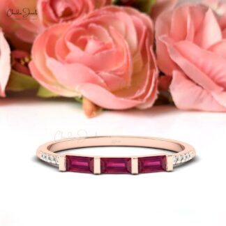 Baguette Stacking Band In 14k Solid Gold Ruby 4x2mm Gemstone Diamond Wedding Ring