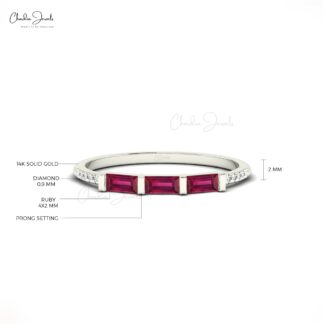 Baguette Stacking Band In 14k Solid Gold Ruby 4x2mm Gemstone Diamond Wedding Ring