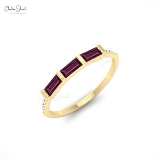 Natural Rhodolite Garnet 4x2mm Gemstone And Diamond Accents in 14k Gold Women Ring