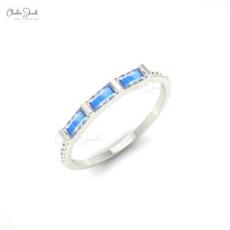 Solid 14k Gold Trilogy Ring In 4x2mm Rainbow Moonstone Diamond Dainty Band Ring