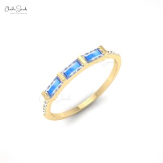 Solid 14k Gold Trilogy Ring In 4x2mm Rainbow Moonstone Diamond Dainty Band Ring