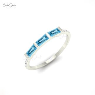 Real 14k Gold Dainty Ring with 0.24 Ct Baguette Swiss Blue Topaz & Diamond Ring