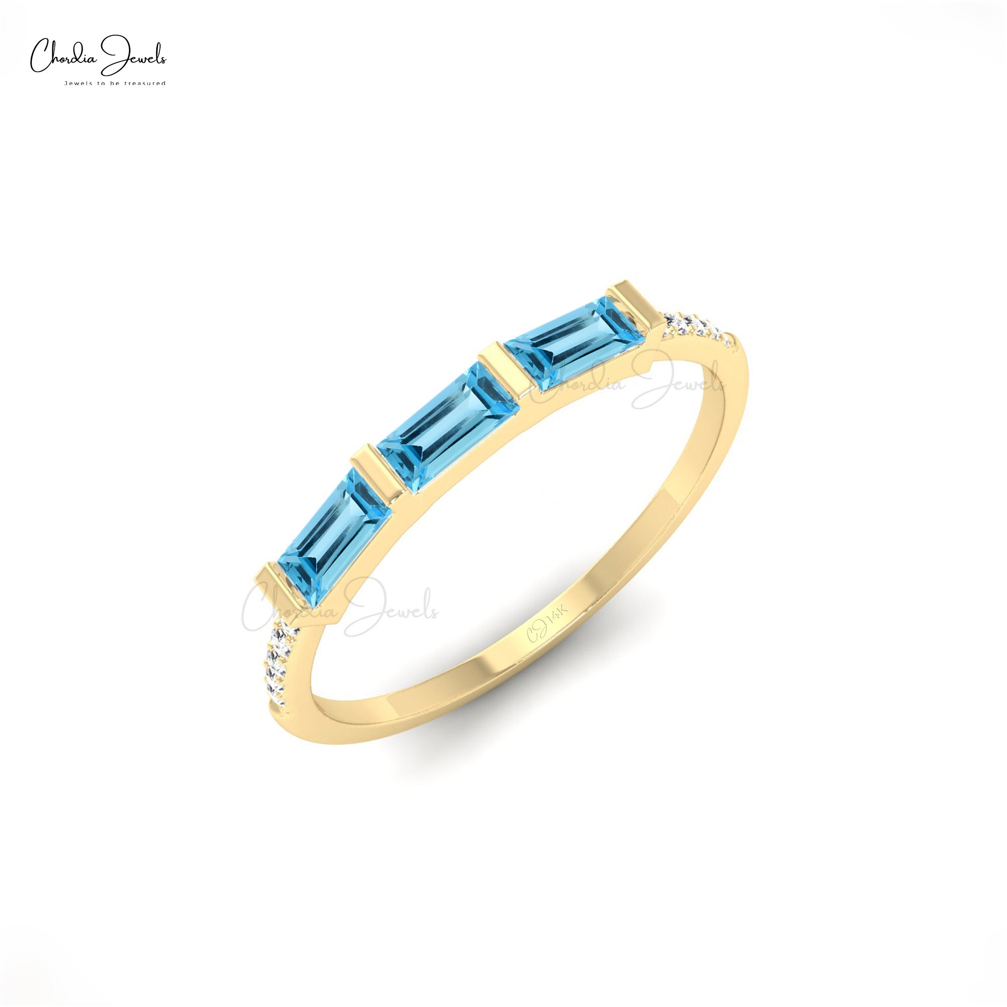 Real 14k Gold Dainty Ring with 0.24 Ct Baguette Swiss Blue Topaz & Diamond Ring
