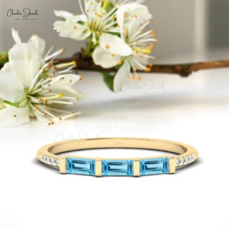 Real 14k Gold Dainty Ring with 0.24 Ct Baguette Swiss Blue Topaz & Diamond Ring
