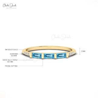 Real 14k Gold Dainty Ring with 0.24 Ct Baguette Swiss Blue Topaz & Diamond Ring