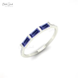 Trilogy Dainty Ring In 14k Real Gold Authentic Tanzanite & Diamond Eternity Ring For Women
