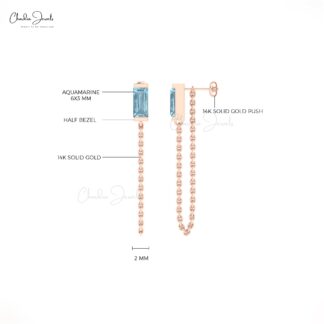 Single Stone Baguette Earrings In Pure 14k Gold Aquamarine Delicate Chai Women Earrings