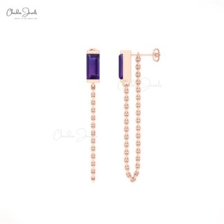 Delicate Amethyst Chain Earrings With 6x3mm Gemstone 14k Solid Gold Jewelry For Her