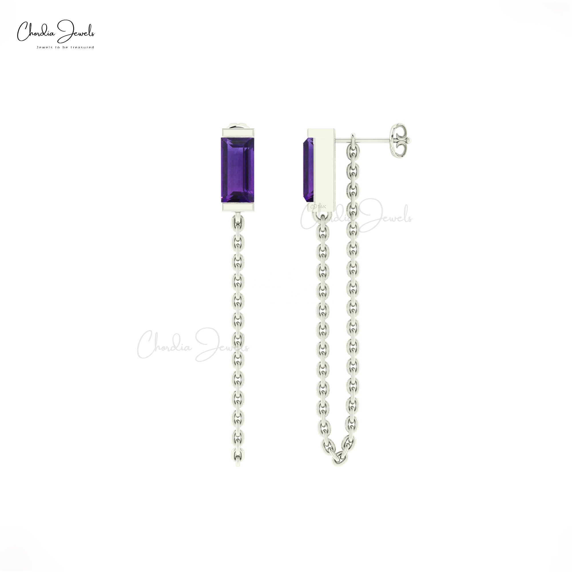 Delicate Amethyst Chain Earrings With 6x3mm Gemstone 14k Solid Gold Jewelry For Her