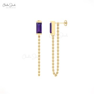 Delicate Amethyst Chain Earrings With 6x3mm Gemstone 14k Solid Gold Jewelry For Her