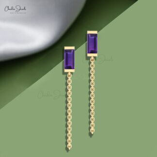 Delicate Amethyst Chain Earrings With 6x3mm Gemstone 14k Solid Gold Jewelry For Her