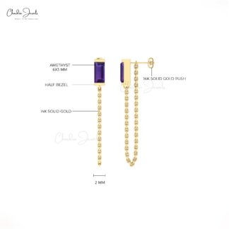 Delicate Amethyst Chain Earrings With 6x3mm Gemstone 14k Solid Gold Jewelry For Her