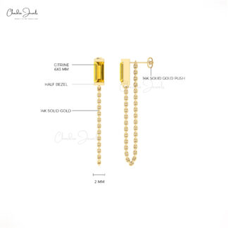 Natural Citrine Baguette Earring With 6x3mm Gemstone 14k Solid Gold Minimalist Earrings