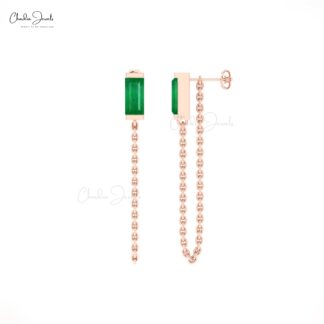 Delicate Chain Earring In 14k Solid Gold Zambian Emerald 6x3mm Baguette Earrings
