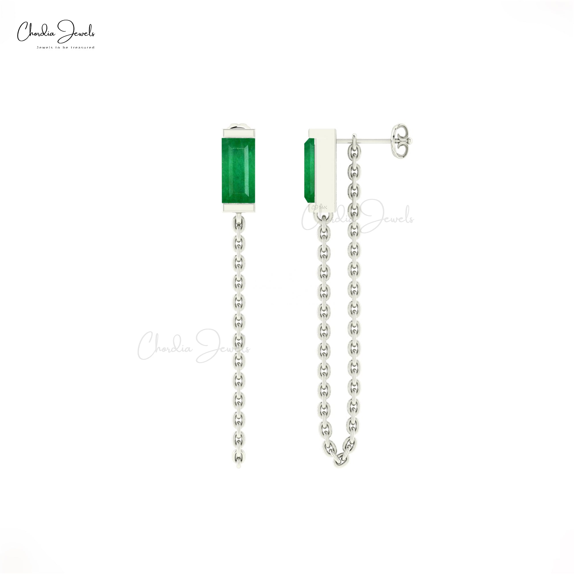 Delicate Chain Earring In 14k Solid Gold Zambian Emerald 6x3mm Baguette Earrings