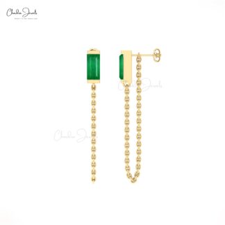 Delicate Chain Earring In 14k Solid Gold Zambian Emerald 6x3mm Baguette Earrings