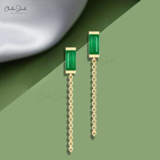 Delicate Chain Earring In 14k Solid Gold Zambian Emerald 6x3mm Baguette Earrings