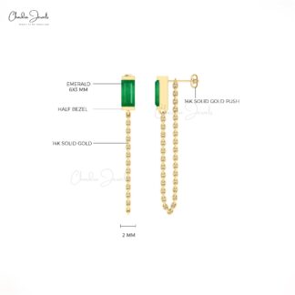 Delicate Chain Earring In 14k Solid Gold Zambian Emerald 6x3mm Baguette Earrings