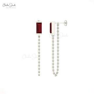 Real 14k Gold Baguette Earring With 0.6 Ct Red Garnet January Birthstone Chain Earrings