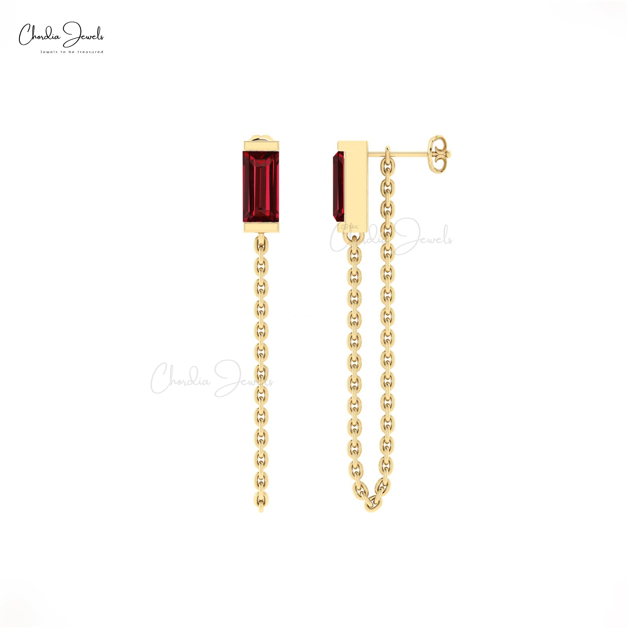 Real 14k Gold Baguette Earring With 0.6 Ct Red Garnet January Birthstone Chain Earrings