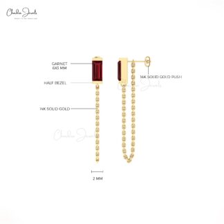 Real 14k Gold Baguette Earring With 0.6 Ct Red Garnet January Birthstone Chain Earrings