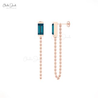 Solitaire Baguette Earring In Solid 14k Gold London Blue Topaz Gemstone Chain Earrings