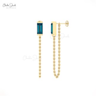 Solitaire Baguette Earring In Solid 14k Gold London Blue Topaz Gemstone Chain Earrings