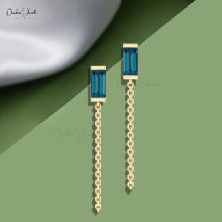 Solitaire Baguette Earring In Solid 14k Gold London Blue Topaz Gemstone Chain Earrings