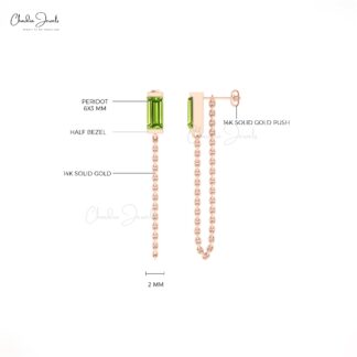 Gemstone Chain Earring With 0.6 Ct Peridot Solitaire Delicate Earrings In 14k Real Gold