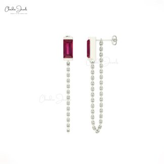 Baguette Ruby Chain Earrings In 14k Solid Gold Gemstone Handmade Modern Earrings