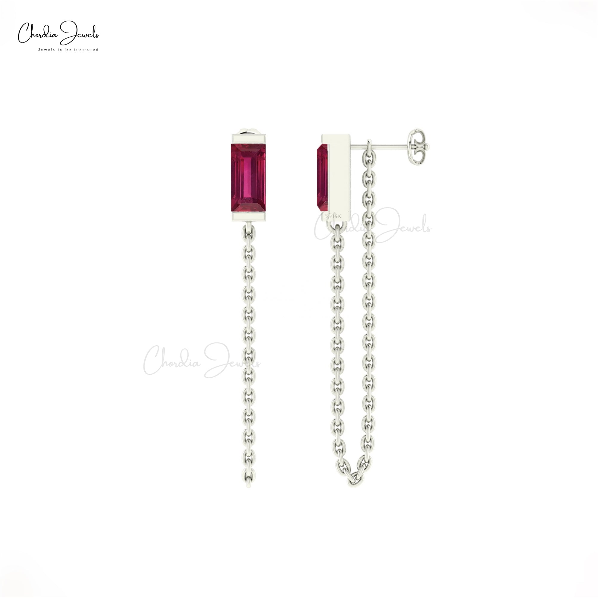 Baguette Ruby Chain Earrings In 14k Solid Gold Gemstone Handmade Modern Earrings