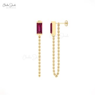Baguette Ruby Chain Earrings In 14k Solid Gold Gemstone Handmade Modern Earrings