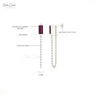 Modern Chain Earring In Solid 14k Gold Rhodolite Garnet 6x3mm Baguette Hallmark Earrings