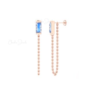 Solid 14k Gold Baguette Chain Earring With 6x3mm Rainbow Moonstone Solitaire Earrings