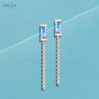 Solid 14k Gold Baguette Chain Earring With 6x3mm Rainbow Moonstone Solitaire Earrings