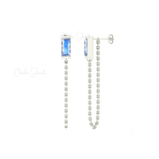 Solid 14k Gold Baguette Chain Earring With 6x3mm Rainbow Moonstone Solitaire Earrings
