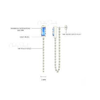 Solid 14k Gold Baguette Chain Earring With 6x3mm Rainbow Moonstone Solitaire Earrings