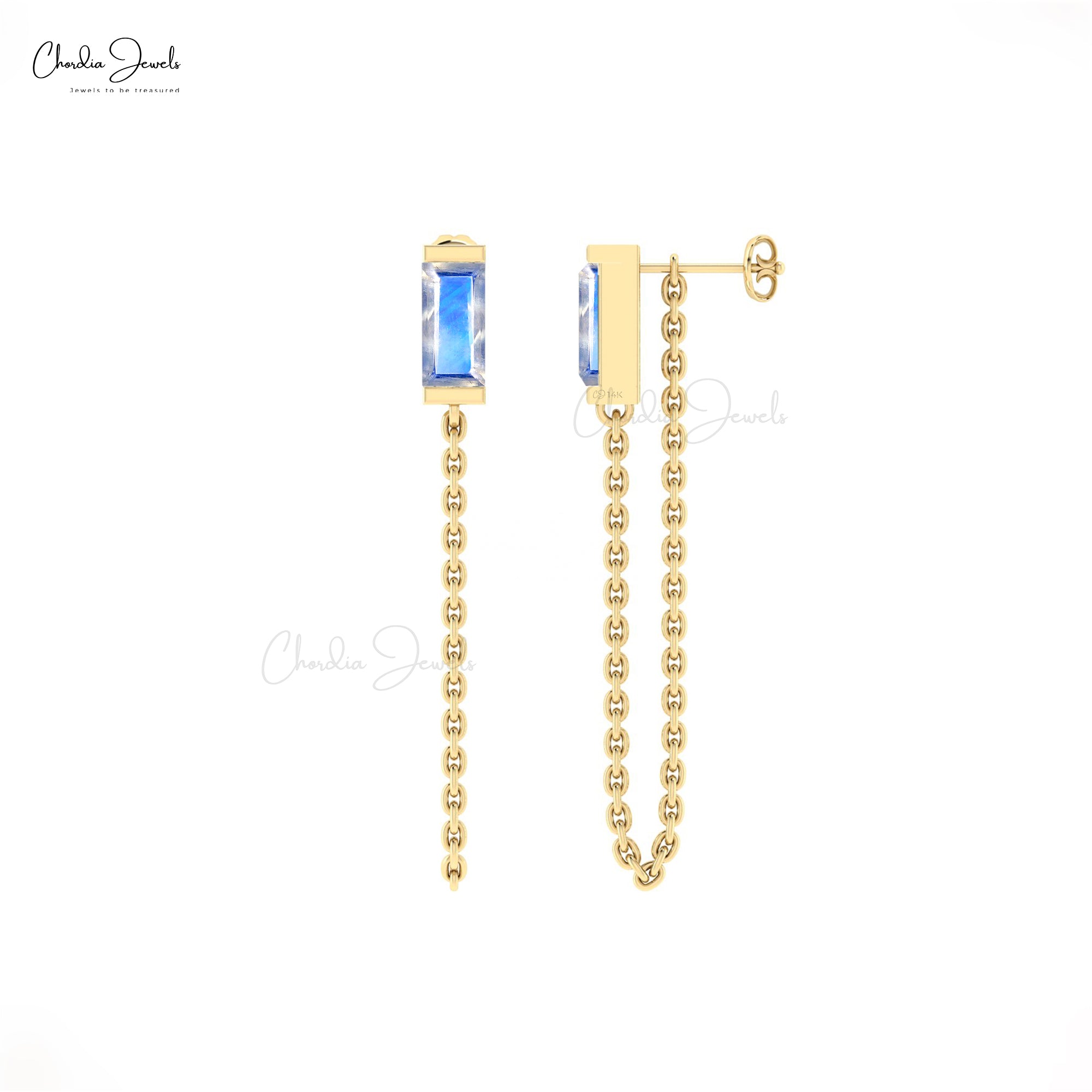 Solid 14k Gold Baguette Chain Earring With 6x3mm Rainbow Moonstone Solitaire Earrings