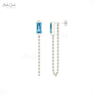 Delicate Modern Chain Earring In 14k Solid Gold Swiss Blue Topaz Baguette Women Earrings