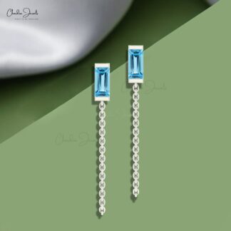 Delicate Modern Chain Earring In 14k Solid Gold Swiss Blue Topaz Baguette Women Earrings