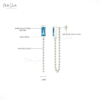 Delicate Modern Chain Earring In 14k Solid Gold Swiss Blue Topaz Baguette Women Earrings