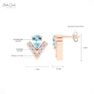 Natural Aquamarine Dainty Studs Earrings 14k Gold With White Diamond Handmade Earrings