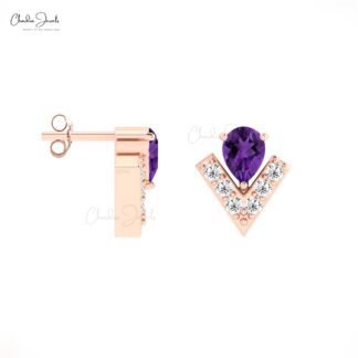 Gemstone Push Back Stud with 0.34 Ct Amethyst Diamond Chevron Earrings In 14k Real Gold