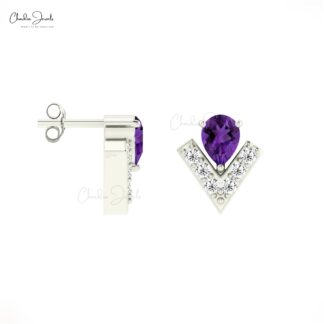 Gemstone Push Back Stud with 0.34 Ct Amethyst Diamond Chevron Earrings In 14k Real Gold